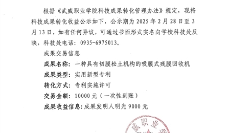 關于《一種具有切膜松土機構的吸膜式殘膜回收機》科技成果轉(zhuǎn)化收益的公示